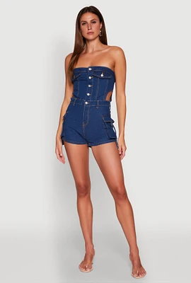 Womens Daisy Cut Out Cargo Denim Tube Romper, Blue,