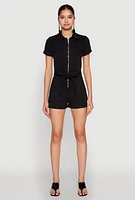 Womens Haute Monde Zip Front Tie Waist Belted Denim Romper, Black, Size S