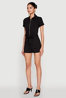 Womens Haute Monde Zip Front Tie Waist Belted Denim Romper, Black, Size S