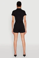 Womens Haute Monde Zip Front Tie Waist Belted Denim Romper, Black, Size S
