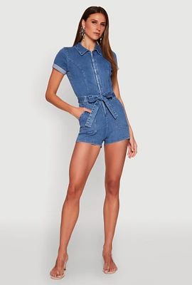 Womens Haute Monde Zip Front Tie Waist Belted Denim Romper, Blue, Size M