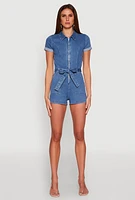 Womens Haute Monde Zip Front Tie Waist Belted Denim Romper, Blue, Size M