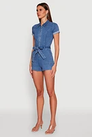 Womens Haute Monde Zip Front Tie Waist Belted Denim Romper, Blue, Size M