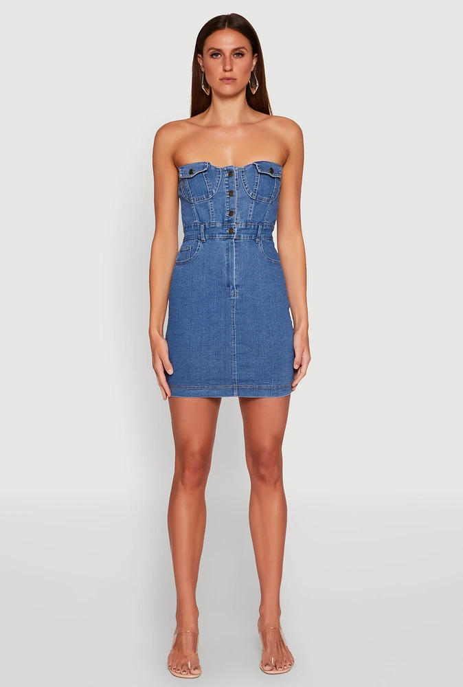 Womens Haute Monde Strapless Denim Bodycon Mini Dress, Blue, Size L
