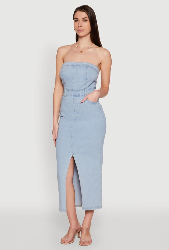 Womens Haute Monde Denim Slit Front Tube Dress, Blue, Size M