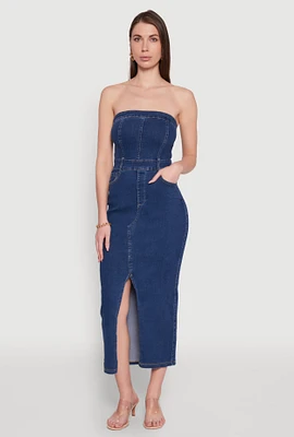 Womens Haute Monde Denim Slit Front Tube Dress, Blue,