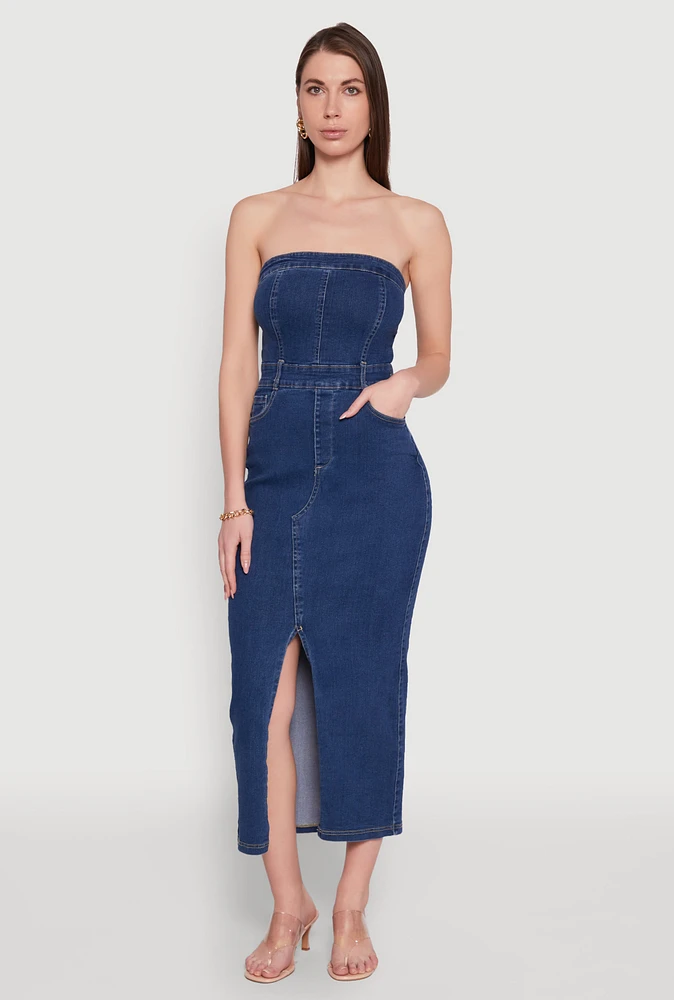 Womens Haute Monde Denim Slit Front Tube Dress, Blue,