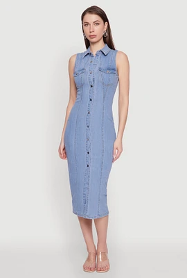 Womens Haute Monde Denim Sleeveless Shirt Collar Dress, Blue, Size L