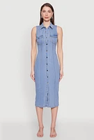 Womens Haute Monde Denim Sleeveless Shirt Collar Dress, Blue, Size L