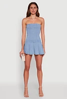 Womens Denim Pleated Mini Skater Dress, Blue, Size S