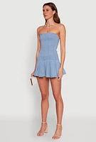Womens Denim Pleated Mini Skater Dress, Blue, Size S