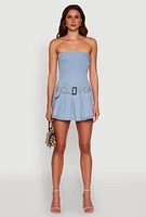 Womens Denim Belted Pleated Mini Dress, Blue, Size S