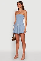 Womens Denim Belted Pleated Mini Dress, Blue, Size S