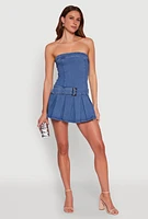 Womens Denim Belted Pleated Mini Dress, Blue, Size L