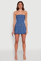 Womens Denim Belted Pleated Mini Dress, Blue, Size L