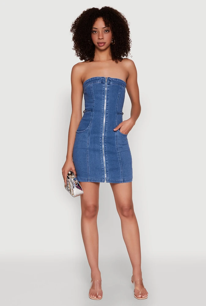 Womens Denim Zip Front Mini Tube Dress, Blue, Size M