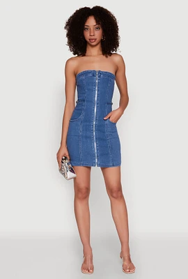 Womens Denim Zip Front Mini Tube Dress, Blue, Size M