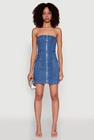 Womens Denim Zip Front Mini Tube Dress, Blue, Size M