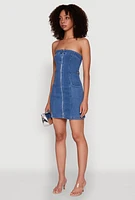 Womens Denim Zip Front Mini Tube Dress, Blue, Size M