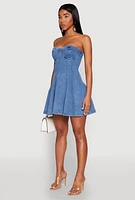 Womens Iris Denim Bustier Skater Dress, Blue, Size M