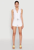 Womens Iris Sleeveless Zip Up Belted Denim Romper, White, Size L