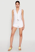 Womens Iris Sleeveless Zip Up Belted Denim Romper, White, Size L