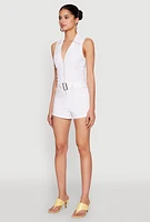 Womens Iris Sleeveless Zip Up Belted Denim Romper, White, Size L