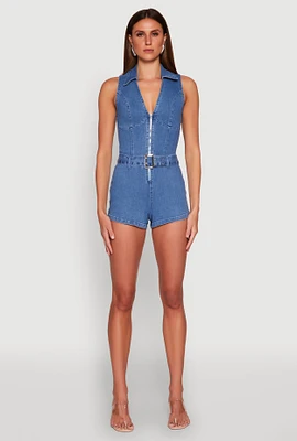 Womens Iris Sleeveless Zip Up Belted Denim Romper, Blue, Size M
