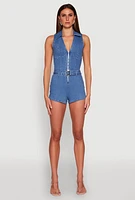 Womens Iris Sleeveless Zip Up Belted Denim Romper, Blue, Size M