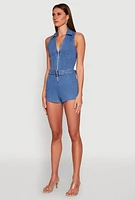 Womens Iris Sleeveless Zip Up Belted Denim Romper, Blue, Size S