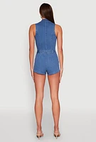 Womens Iris Sleeveless Zip Up Belted Denim Romper, Blue, Size M