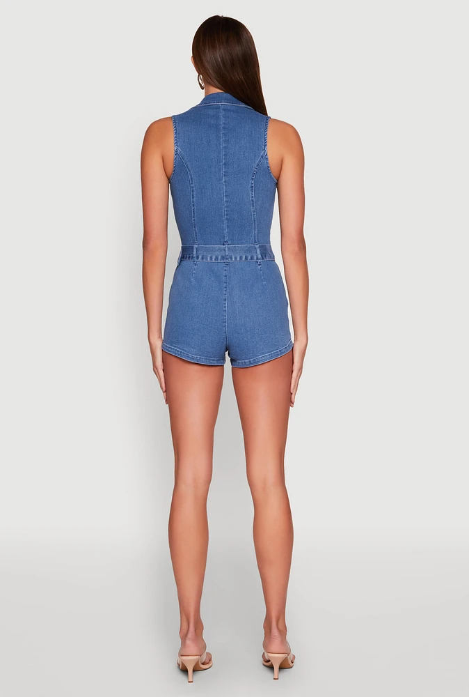 Womens Iris Sleeveless Zip Up Belted Denim Romper, Blue, Size S