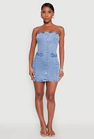 Womens WAX Denim Button Detail Tube Dress, Blue,