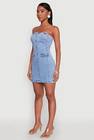 Womens WAX Denim Button Detail Tube Dress, Blue,