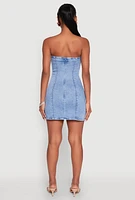 Womens WAX Denim Button Detail Tube Dress, Blue,