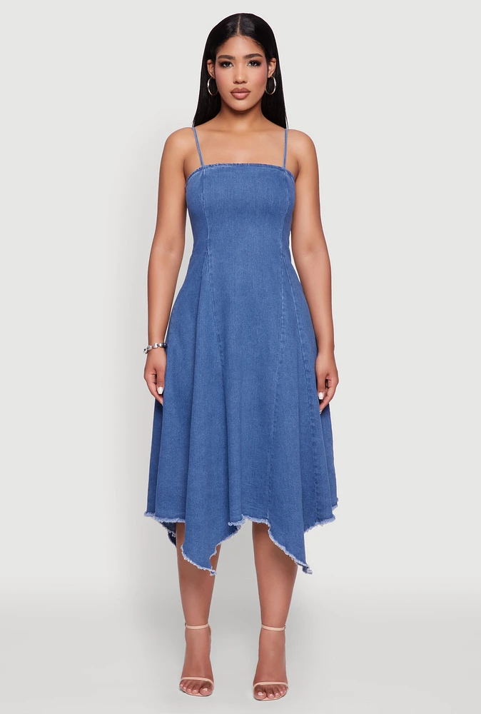 Womens Chic Denim Dress with Square Neck and Frayed Details, Blue, Size L