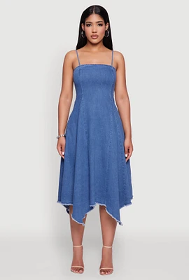 Womens Chic Denim Dress with Square Neck and Frayed Details, Blue, Size L