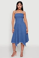 Womens Chic Denim Dress with Square Neck and Frayed Details, Blue, Size L