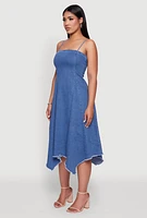 Womens Chic Denim Dress with Square Neck and Frayed Details, Blue, Size L