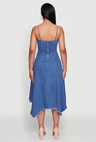 Womens Chic Denim Dress with Square Neck and Frayed Details, Blue, Size L