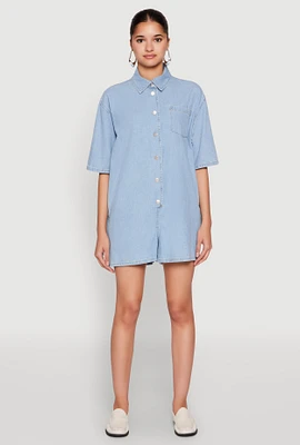 Womens Button Front Denim Romper, Blue, Size XL