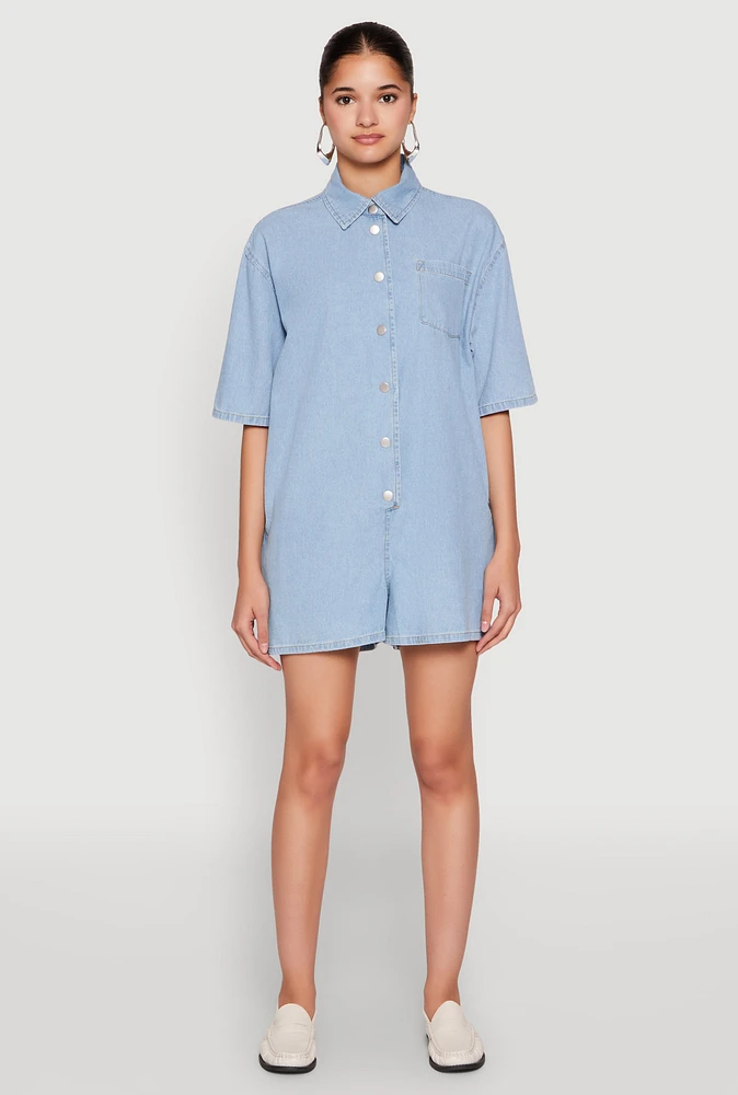 Womens Button Front Denim Romper, Blue, Size L