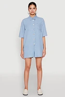 Womens Button Front Denim Romper, Blue, Size L