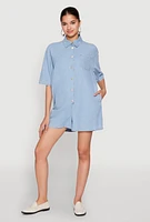 Womens Button Front Denim Romper, Blue, Size L