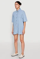 Womens Button Front Denim Romper, Blue, Size L