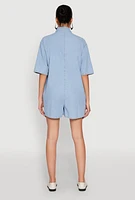 Womens Button Front Denim Romper, Blue, Size L