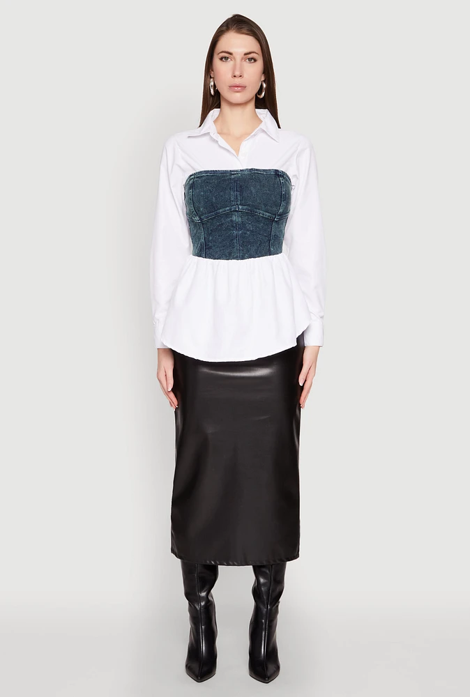 Womens Denim Corset Detail Poplin Shirt, Multi,