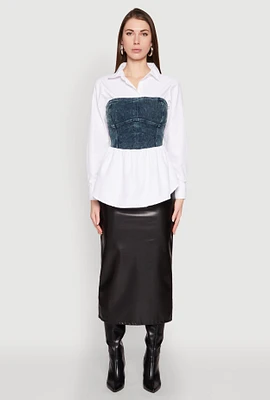 Womens Denim Corset Detail Poplin Shirt, Multi,