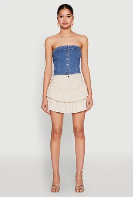 Womens Haute Monde Button Front Denim Tube Top, Blue,