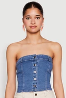 Womens Haute Monde Button Front Denim Tube Top, Blue,